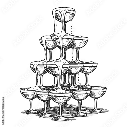Hand drawn sketch of a champagne tower with overflowing glasses and bubbly liquid cascading down