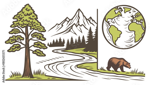 “National park icons: tree, bear, mountain, river, earthy vector set”