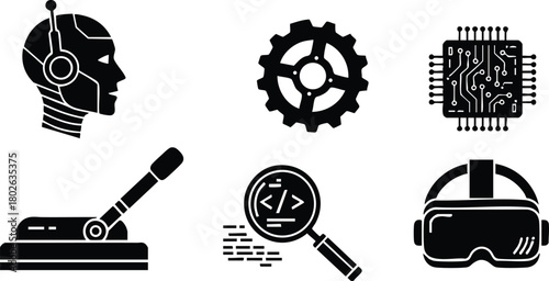 Artificial intelligence robot head gear mechanical gear chip magnifier code virtual reality headset vector illustration 