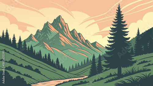 “Rocky Mountains sunset with alpine peaks and sky, crisp vector”