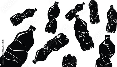 Crumpled Plastic Bottles Vector Illustration Showing Waste and Pollution Awareness in Black Silhouettes 