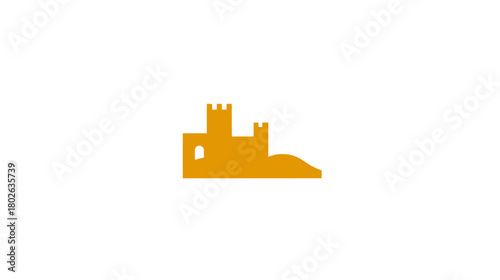 Stylized orange castle or fortress icon with turrets on a small hill. Simple historical building vector graphic illustration.