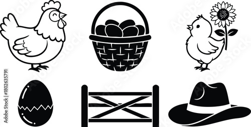 Farm chicken, chick with sunflower, egg basket, cracked egg, wooden fence, and farmer hat vector illustration 