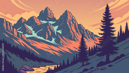 “Rocky Mountains sunset with alpine peaks and sky, crisp vector”
