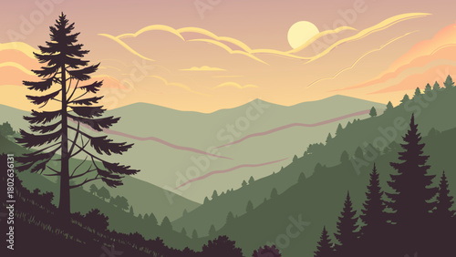 “Smoky Mountains sunset with layered hills, cozy vector”