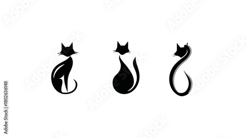 Set of three elegant black cat silhouettes, abstract and minimalist graphic design elements on a white background, perfect for logos or decor.