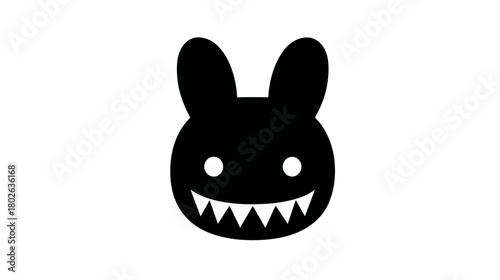 Cartoon Rabbit Head Silhouette with Sharp Teeth. Stylized Bunny Character Icon. Minimalist Black and White Vector Illustration.
