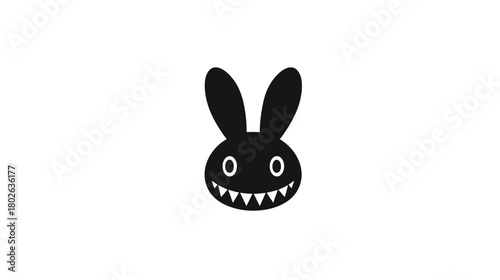 Minimalist black cartoon rabbit head with sharp teeth and mischievous smile, cute creepy bunny icon illustration on white background