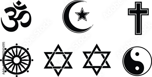 Religious symbols including Om, crescent moon star, Christian cross, dharma wheel, Star of David, yin yang in black and white vector illustration 