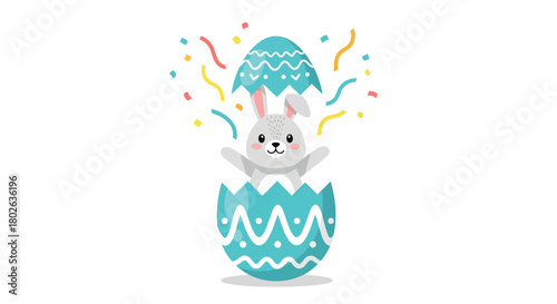 Cute gray bunny rabbit emerging from a cracked teal easter egg with colorful confetti exploding around it