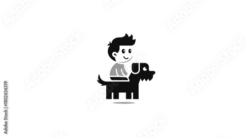 Joyful young boy riding a happy black dog, a heartwarming minimalist vector illustration depicting childhood friendship and companionship.