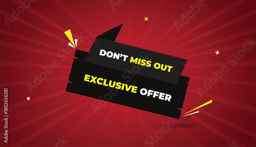 exclusive offer web banner vector art template design badge icon label black gray white yellow bold text dark red light sun shine abstract business shapes background promotion marketing sale highlight