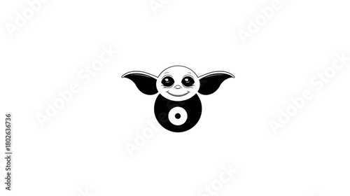 Cute Alien Baby Character Icon Vector Illustration with Big Eyes, Ears, and a Happy Smile, Black and White Design