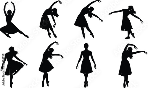 Female dancers silhouette set in various ballet and modern dance poses vector illustration 