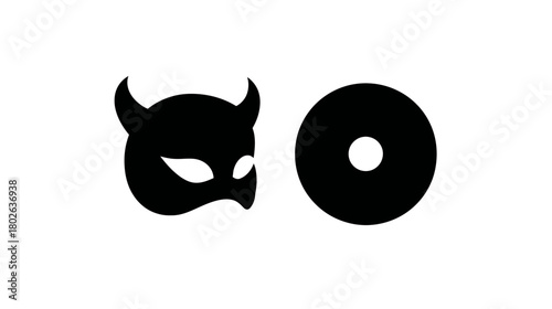 Black horned mask and geometric ring silhouette icons. Abstract evil or demon face mask and circle shape on white background.