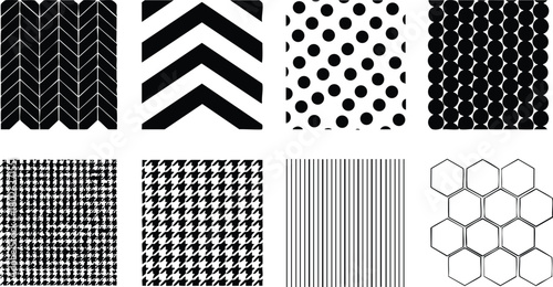 Geometric black and white pattern vector set with chevron dots houndstooth stripes and hexagons designs for graphic projects 