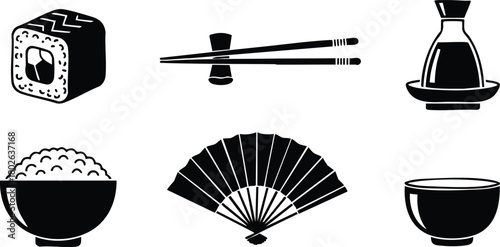 Japanese cuisine vector icons with sushi, rice bowl, chopsticks, fan, cup, and soy sauce bottle illustration 