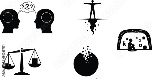 Conceptual icons representing communication confusion balance justice and isolation in black silhouette style vector illustration 