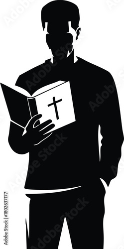 Man holding open Bible with cross silhouette illustration in black and white vector 