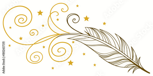 Minimalistic feather and abstract gold swirling lines adorned with bright stars on a clean white background.
