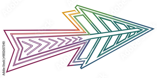 Abstract stylized arrow composed of multiple parallel lines with a vibrant rainbow gradient, suggesting dynamic progress and digital technology.