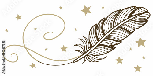 Minimalistic gold swirling ornament with a feather and bright stars on a white background, suitable for design elements and decoration.