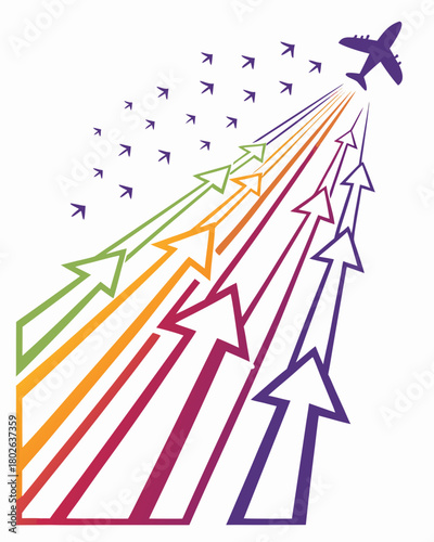 Silhouette of an airplane flying up and generating a trail of dynamic, colorful, rainbow-gradient arrows, symbolizing travel and growth