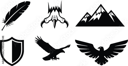 Eagle silhouette vector collection with mountain, feather, claw, and shield design elements in black and white 