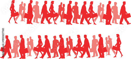 Business people red silhouettes walking, representing a busy workforce.
