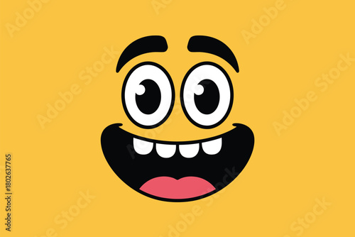 A cartoonish, exaggerated face with wide, surprised eyes and an open mouth displaying many teeth against a solid yellow background.