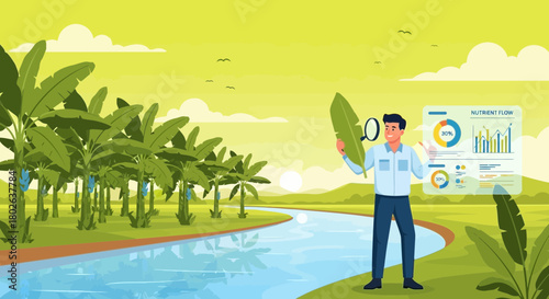 Agronomist analyzing plant nutrient data using digital tools near a plantation