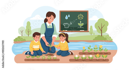 Educational gardening scene: teacher instructing children on plant cultivation