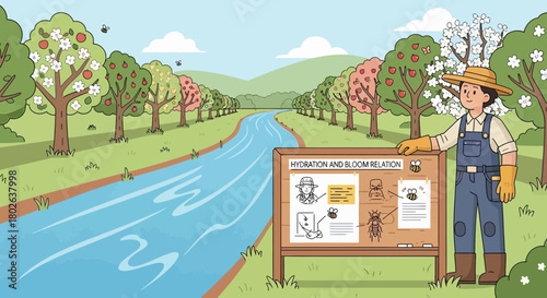 Illustrated orchard scene showing farmer explaining the importance of hydration