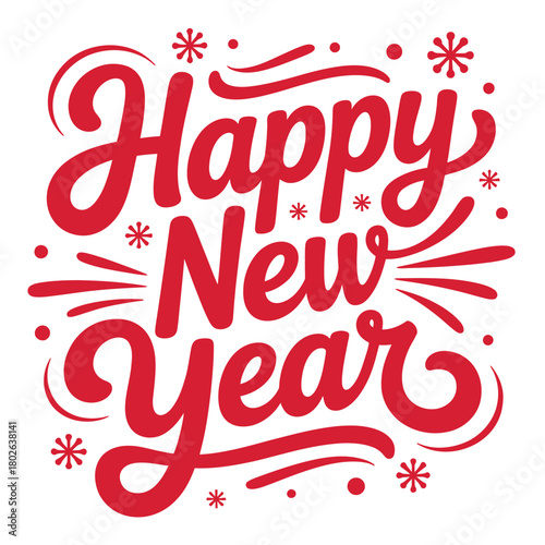 Decorative red text declares 'Happy New Year' with festive flourishes and snowflakes.