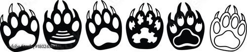 Bear paw prints in various styles black and white vector illustration for wildlife and nature designs 
