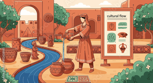Illustrative depiction of ancient middle eastern life highlighting water management