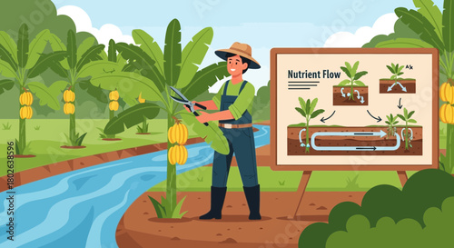 Cartoon farmer demonstrating nutrient flow in banana cultivation farm practices