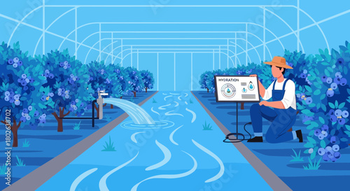 Modern greenhouse cultivation with farmer analyzing hydration level display