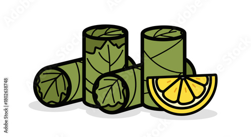 Dolma rolls with leaf veins and lemon bold line art in flat color, tasty mood