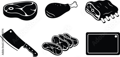 Various Meat Cuts and Butcher Tools Vector Illustration with Steak Drumstick Ribs and Cleaver 