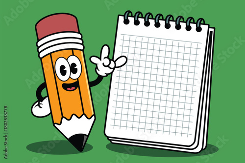 A cartoon pencil with a smiling face and a waving hand stands next to an open spiral-bound notebook with grid paper, against a green background.
