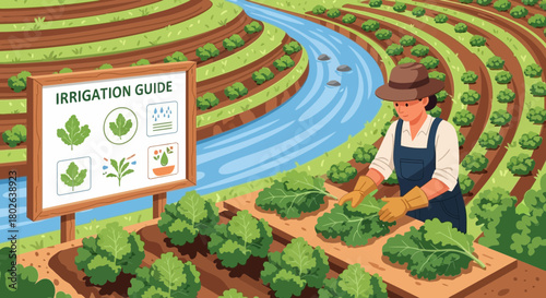 Sustainable Terrace Farming Illustration with Irrigation Guide and Farmer at work