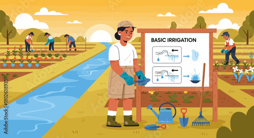 Instructional farming scene showcasing basic irrigation methods and techniques