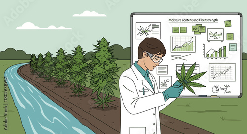 Scientist examining cannabis plant with data analysis in agricultural setting