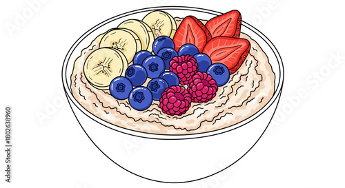 Porridge bowl with fruit topping bright outlined drawing, appetizing mood, clear shapes food illustration, with copy space