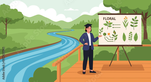 An botany instructor elucidates floral structures near a tranquil riverside location