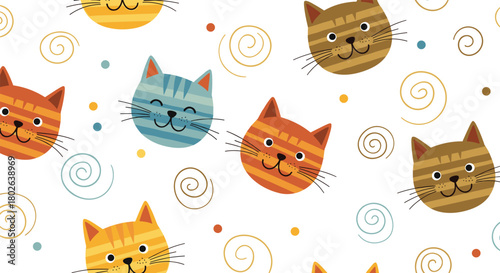 A whimsical repeating pattern of cute cartoon cat faces in various colors and playful swirls is a charming addition to any playful design.