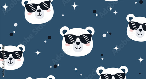 Cute cartoon polar bears wearing sunglasses in a starry night sky pattern.