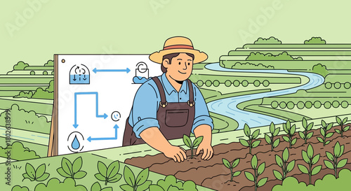 Sustainable farming practices depicted through farmer with water cycle diagram