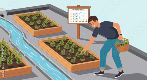 Rooftop sustenance: An urban gardener tending to his flourishing plants